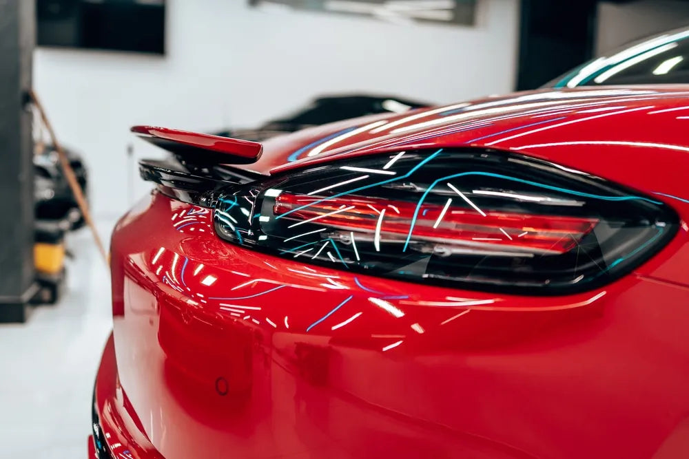 Interior of modern car workshop for vehicle polishing and detailing service.