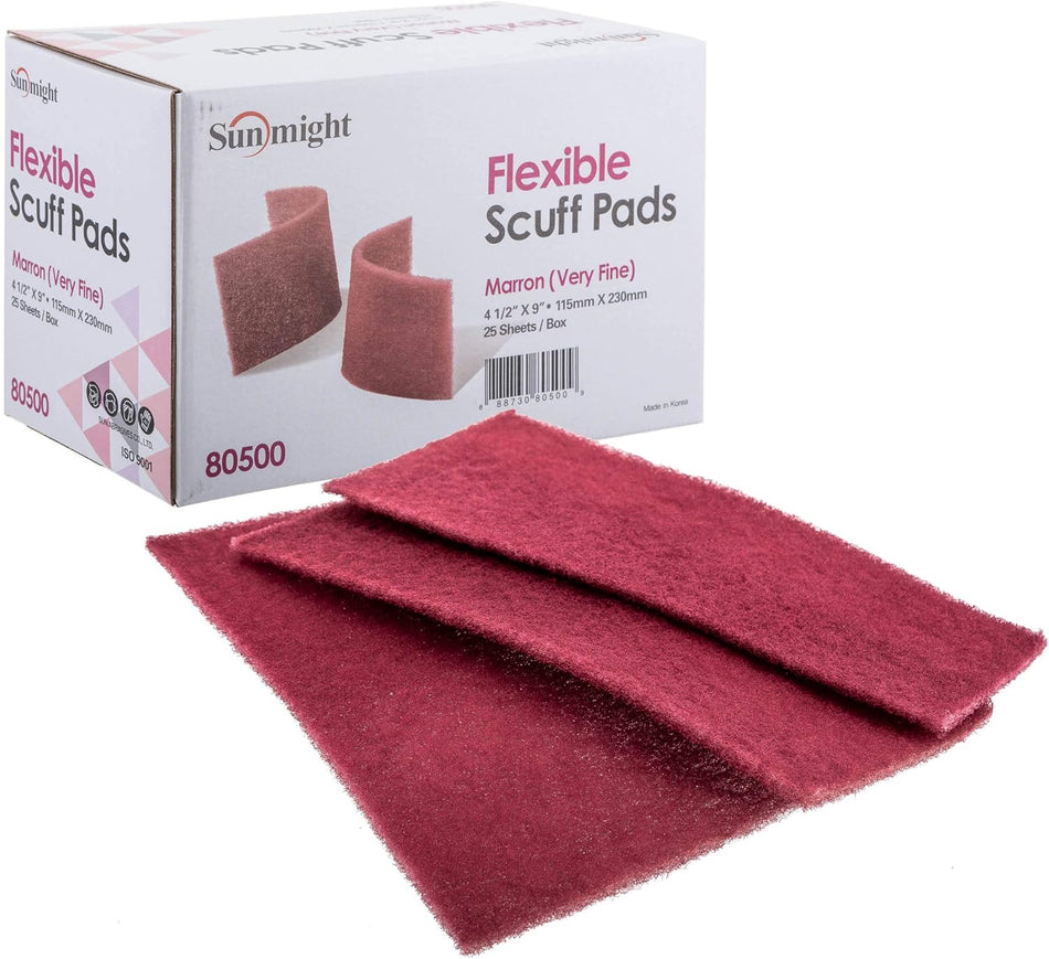 Sunmight Thin Flexible Scuff Pads, 6 in W x 9 in L, Very Fine, Maroon Box/25