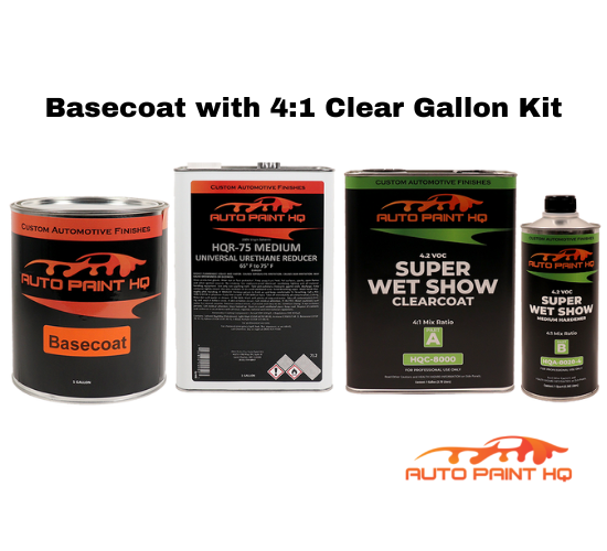 Auto paint kit with basecoat and clear coat cans on a white background