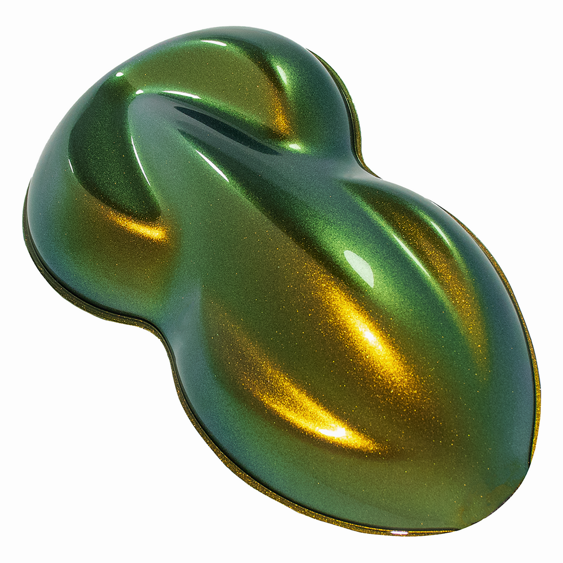 Metallic green and gold paint sample on a white background